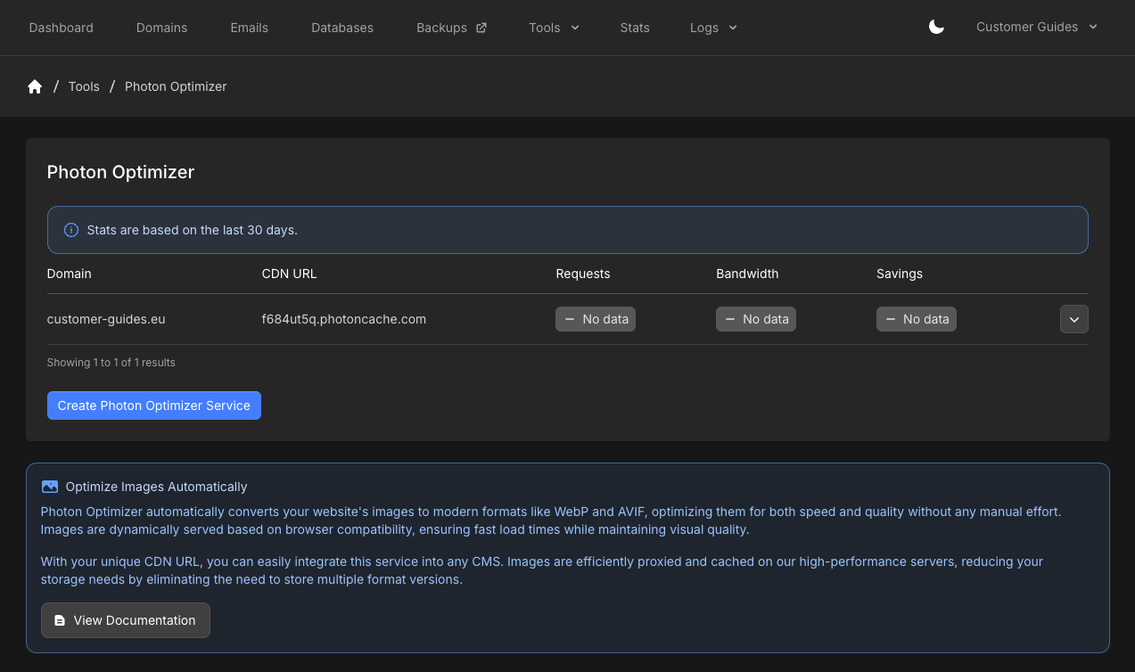 Photon Optimizer overview showing one domain, its CDN URL, and empty stats