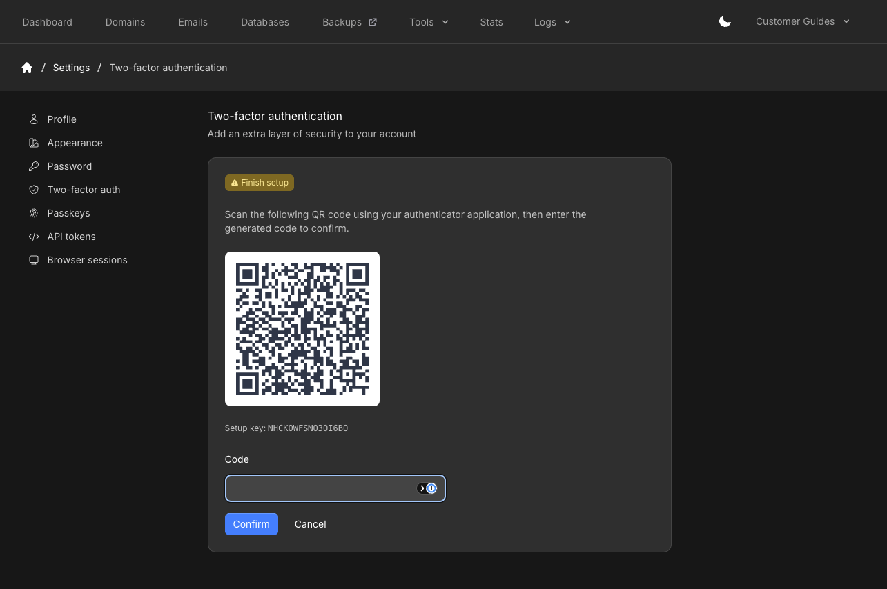 Two-factor authentication Finish setup with QR code, setup key, and code field