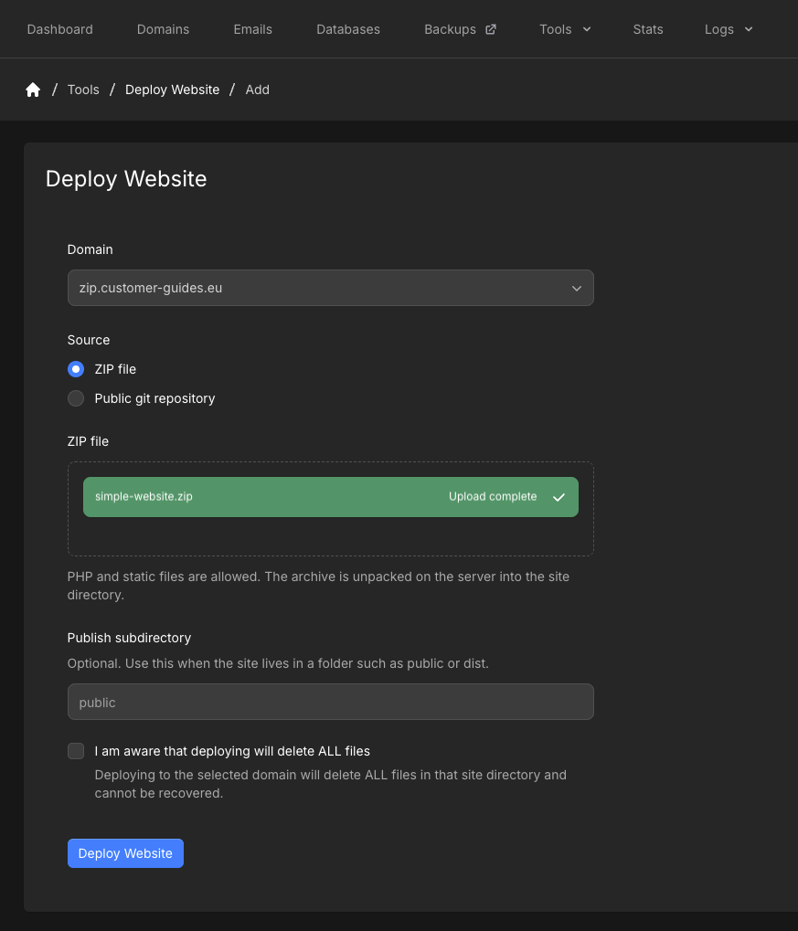 Add Deploy Website form with ZIP file uploaded, publish subdirectory public, and wipe confirmation
