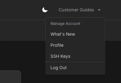 User menu with Profile, SSH Keys, and Log Out