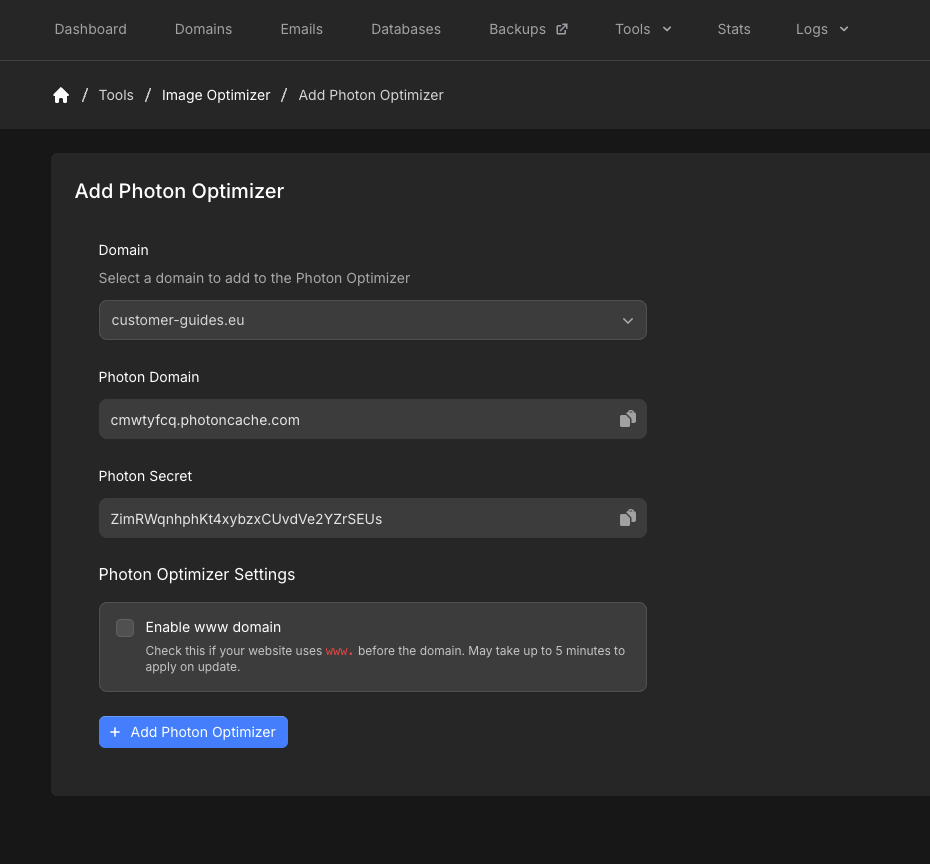Add Photon Optimizer form with domain, Photon Domain, Photon Secret, and Enable www domain