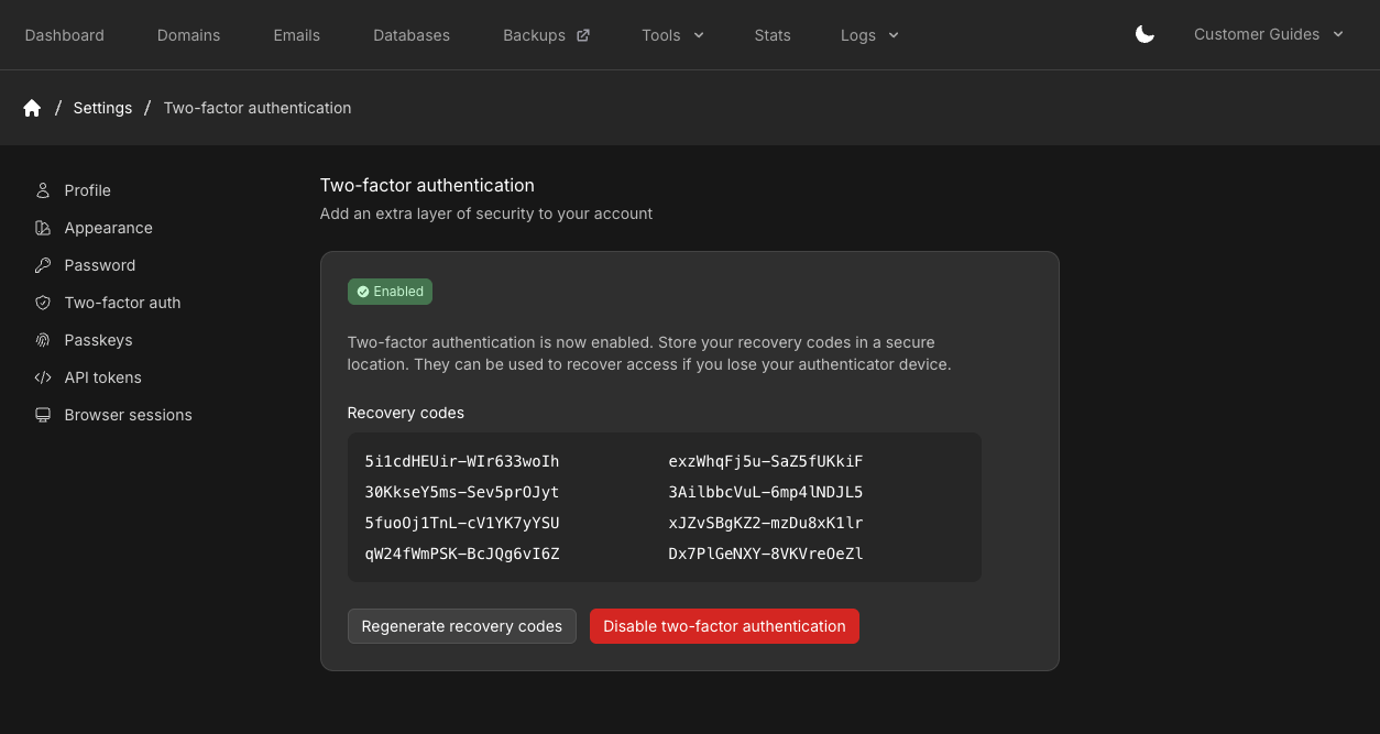 Two-factor authentication enabled with recovery codes, regenerate, and disable