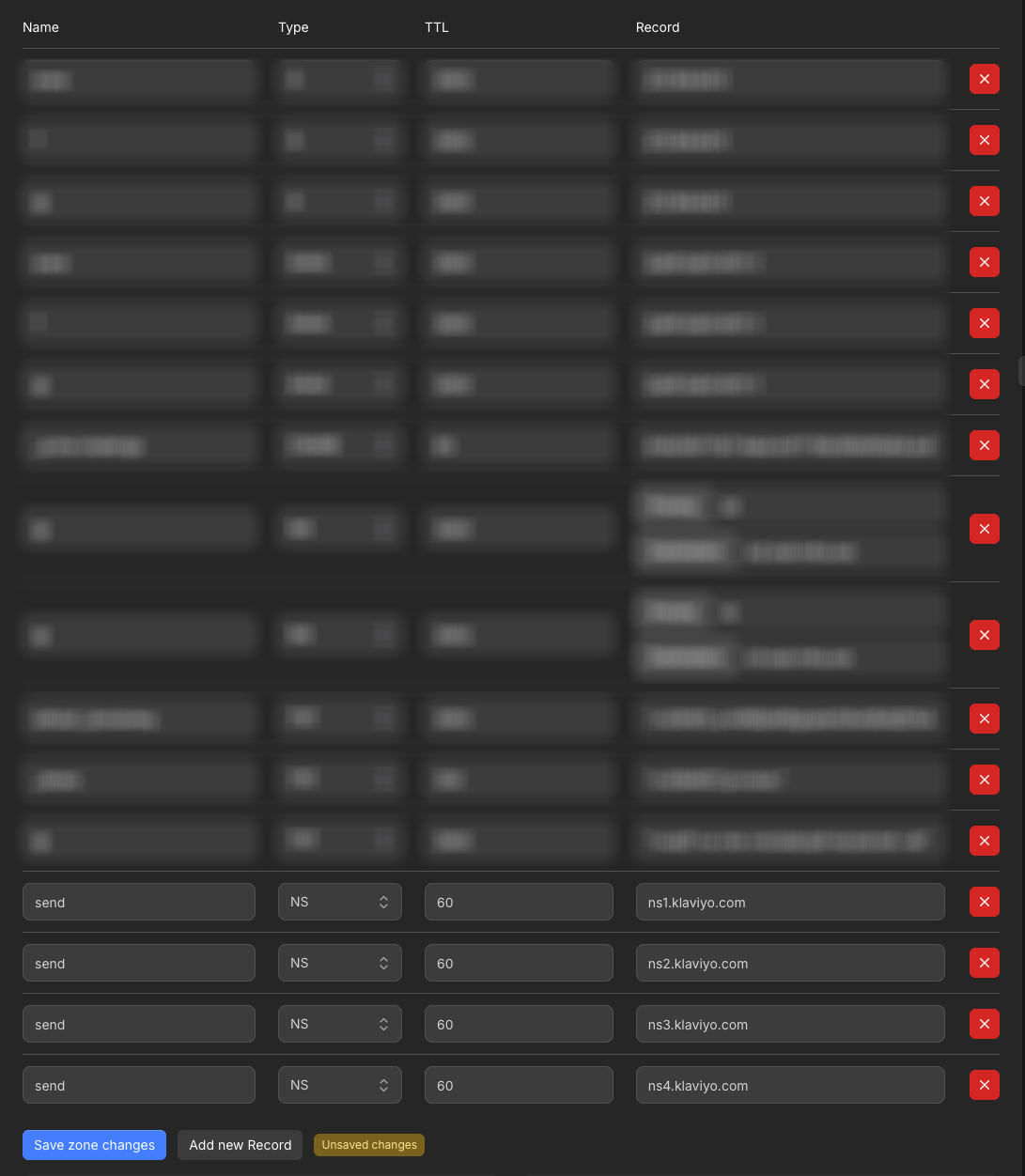 DNS editor with four Klaviyo NS records for the send subdomain