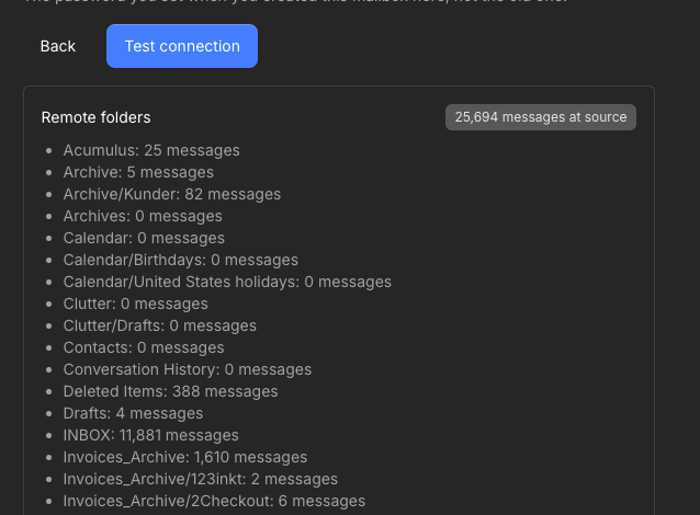 Remote folders list with message counts including INBOX and nested Archive folders