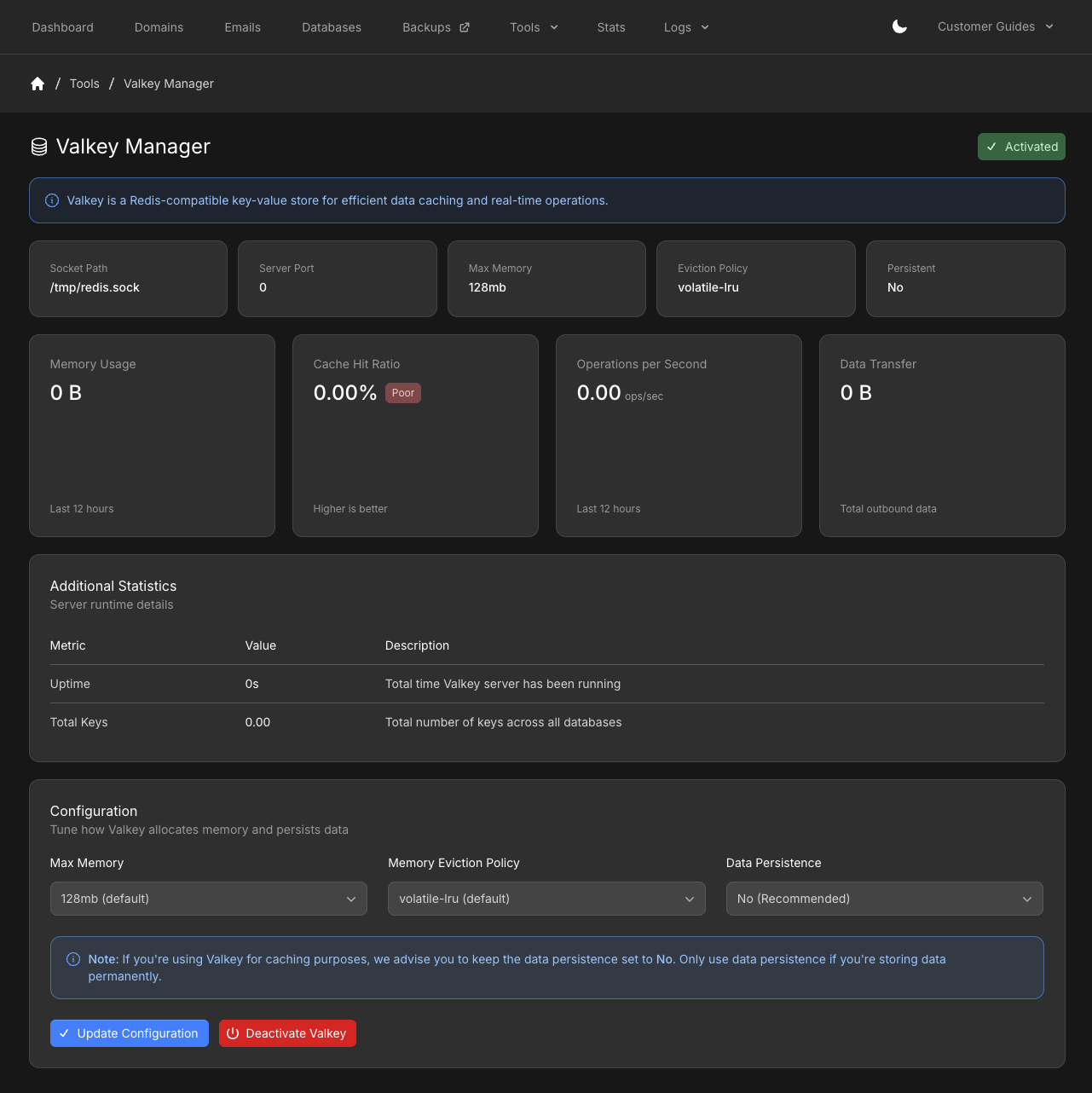 Valkey Manager activated with metrics, runtime details, Update Configuration, and Deactivate Valkey