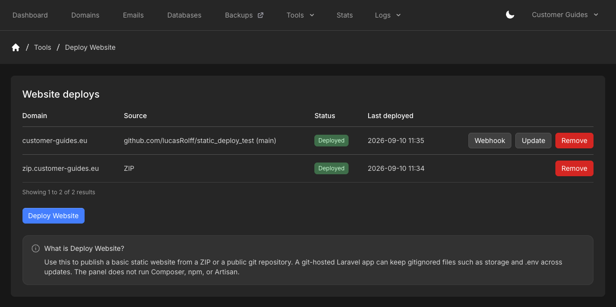 Website deploys list with git and ZIP rows, Deployed status, Webhook, Update, Remove, and Deploy Website