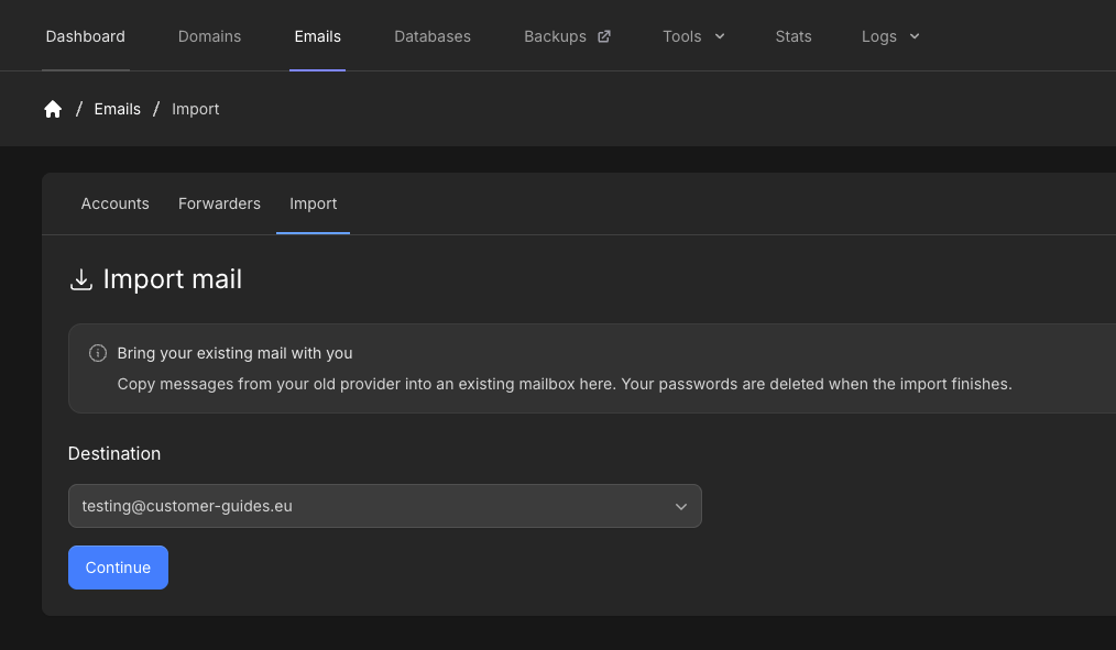Import mail step with Destination mailbox selected