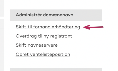 Punktum.dk domæneoversigt med Skift forhandler og sektionen til autorisationskoder