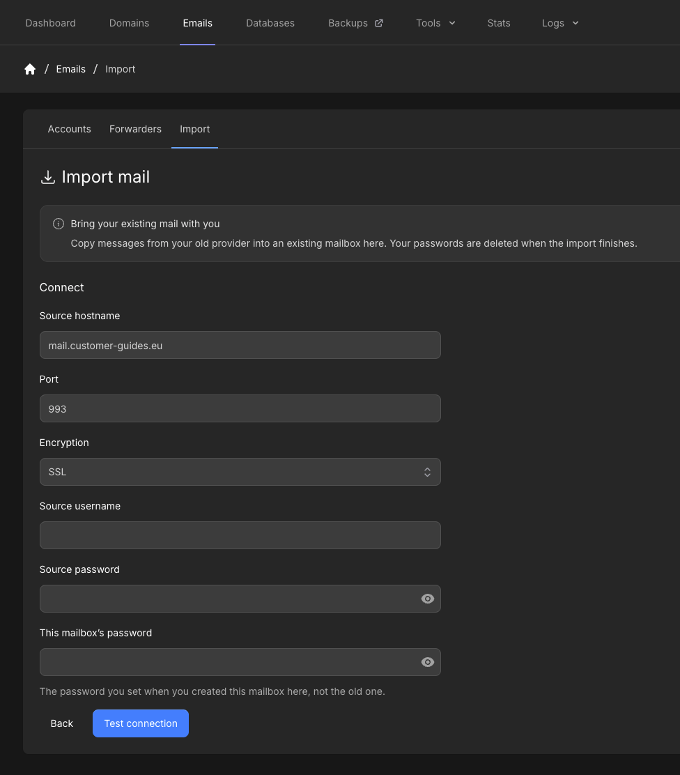 Import mail connect form with source hostname, port 993, SSL, and password fields