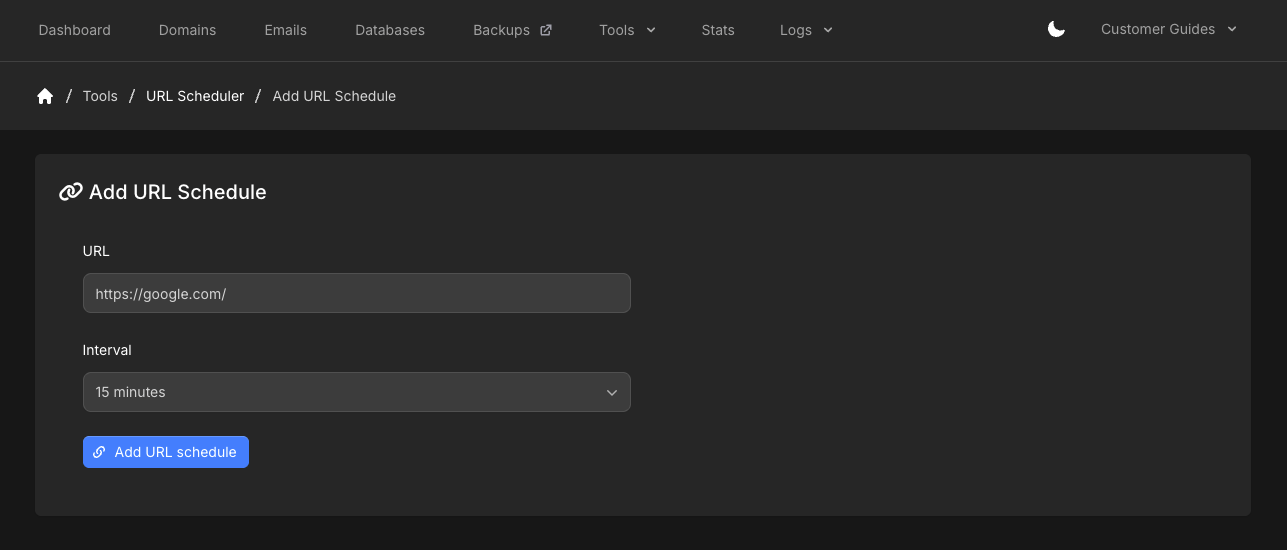 Add URL Schedule form with URL, 15 minutes interval, and Add URL schedule