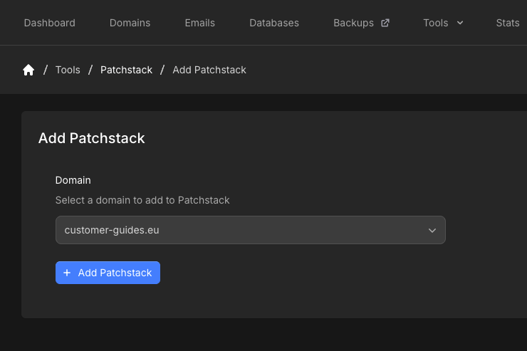 Add Patchstack form with domain dropdown