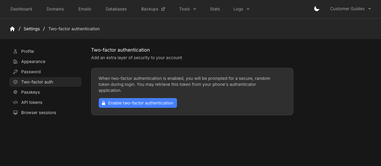 Two-factor authentication page with Enable two-factor authentication button
