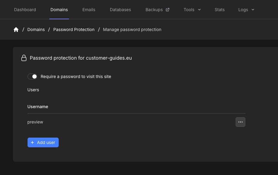 Manage password protection with Require a password to visit this site toggle and Users list