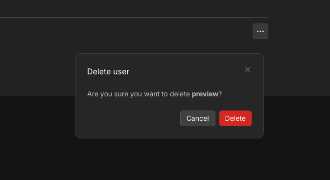 Delete user modal with Cancel and Delete