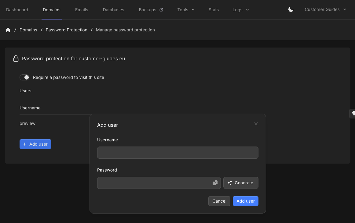 Add user modal with Username, Password, Generate, Cancel, and Add user