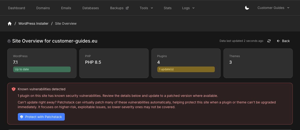 Site Overview with a Known vulnerabilities detected notice and Protect with Patchstack