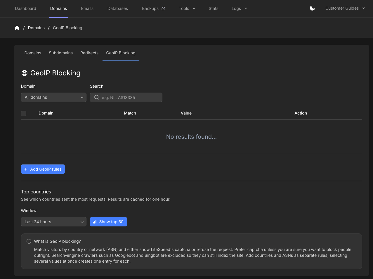 GeoIP Blocking tab with an empty rules table, Add GeoIP rules button, and Top countries