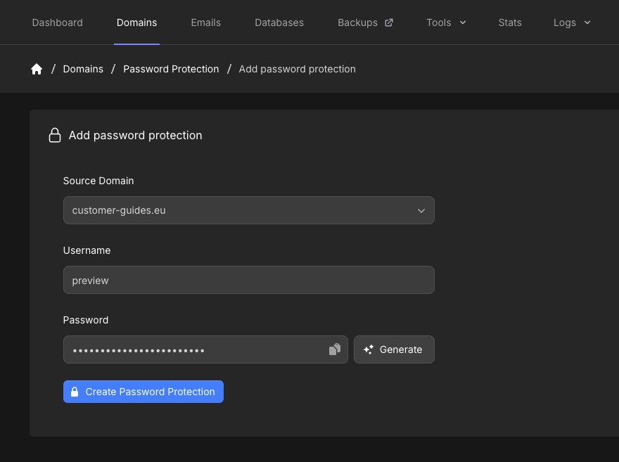 Add password protection form with Source Domain, Username, Password, Generate, and Create Password Protection