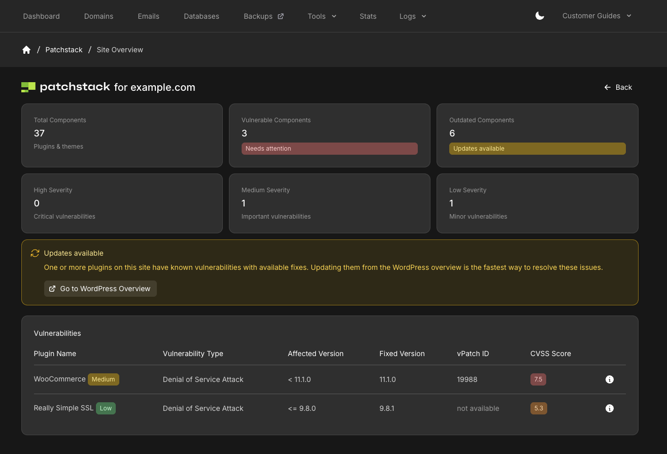 Patchstack site overview with component counts, severity, updates banner, and vulnerabilities table