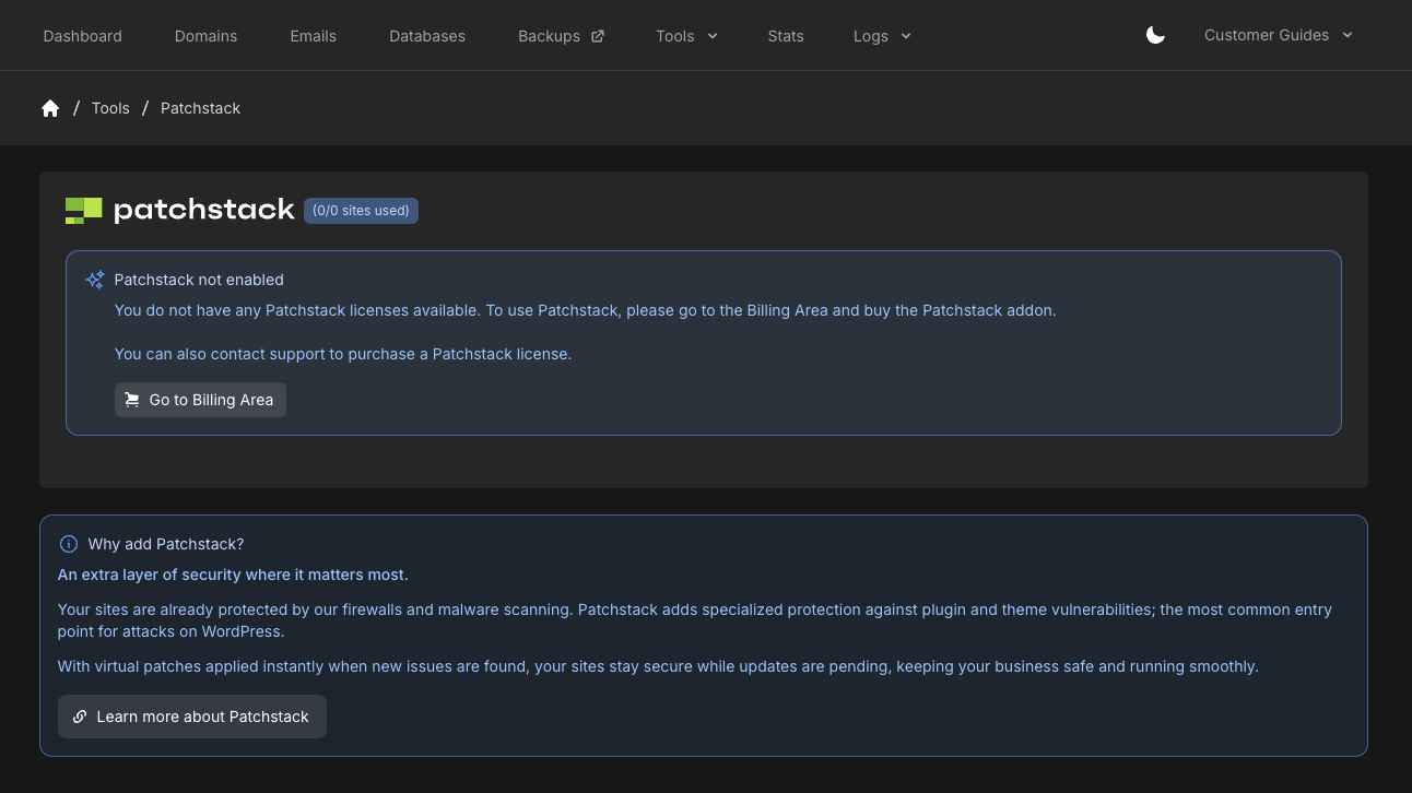 Patchstack not enabled with Go to Billing Area and Why add Patchstack