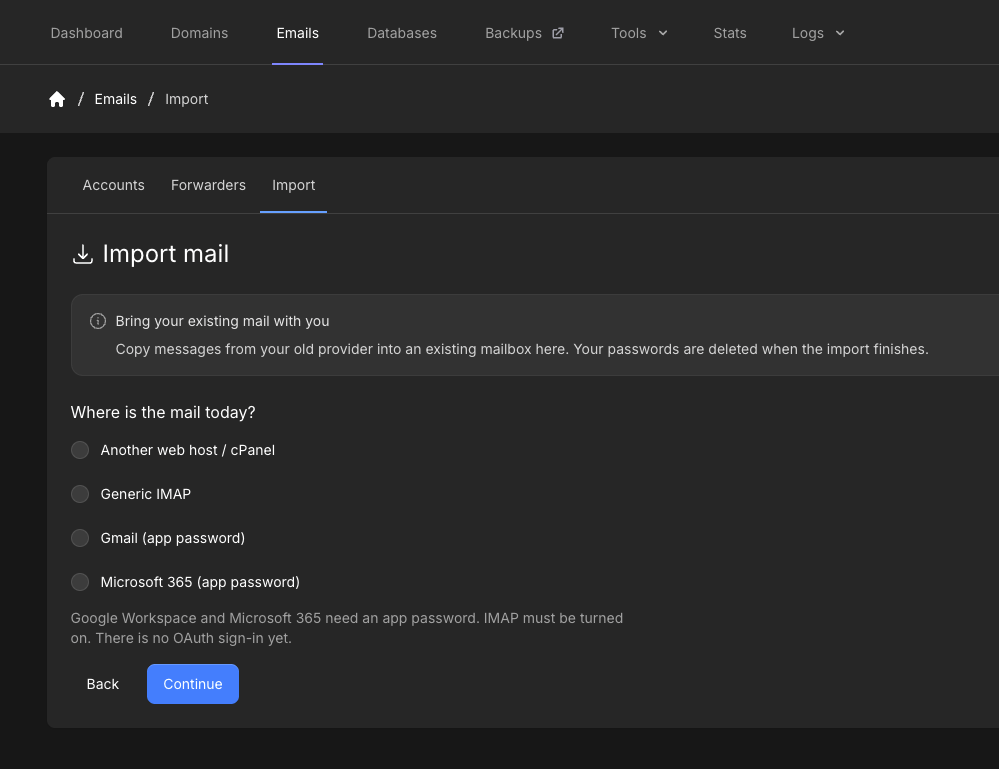 Import mail source options for another web host, generic IMAP, Gmail, and Microsoft 365