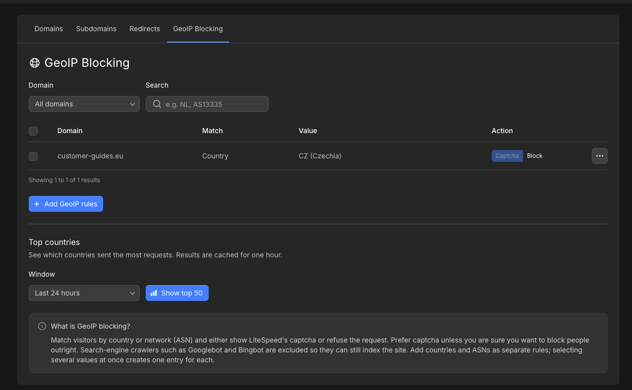 GeoIP Blocking overview with a country rule for Czechia set to Captcha