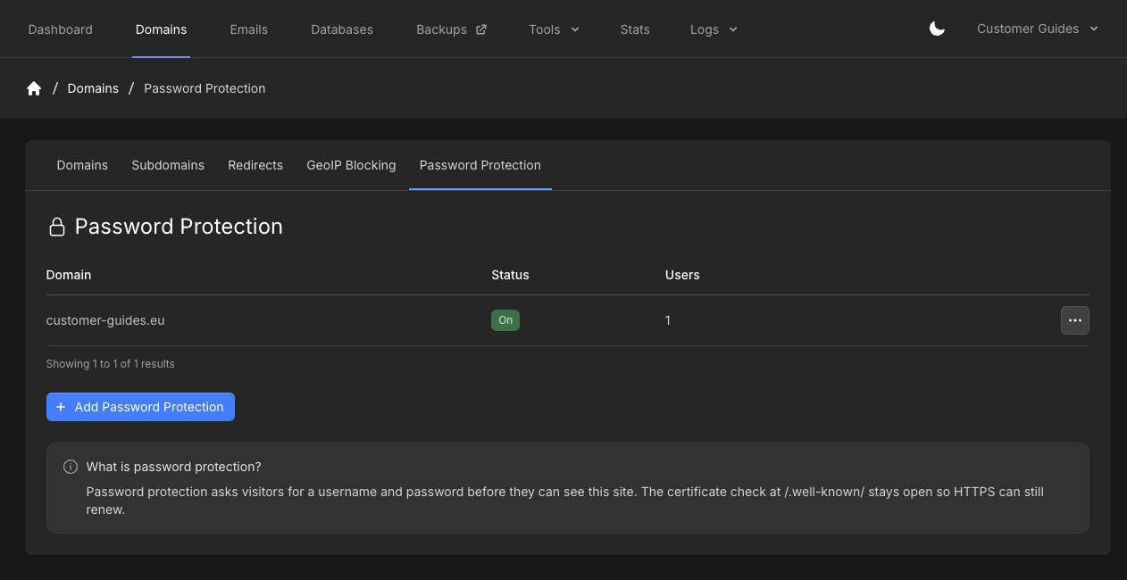 Password Protection tab with domain, On status, user count, and Add Password Protection
