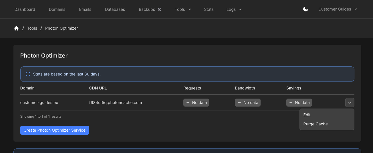 Photon Optimizer overview with the domain menu open, showing Edit and Purge Cache