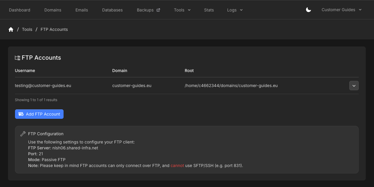 FTP Accounts overview with username, domain, root path, Add FTP Account, and FTP Configuration box
