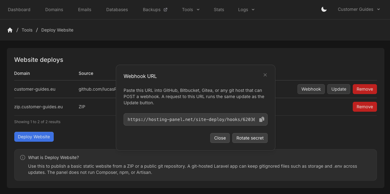 Webhook URL modal with copy field, Close, and Rotate secret