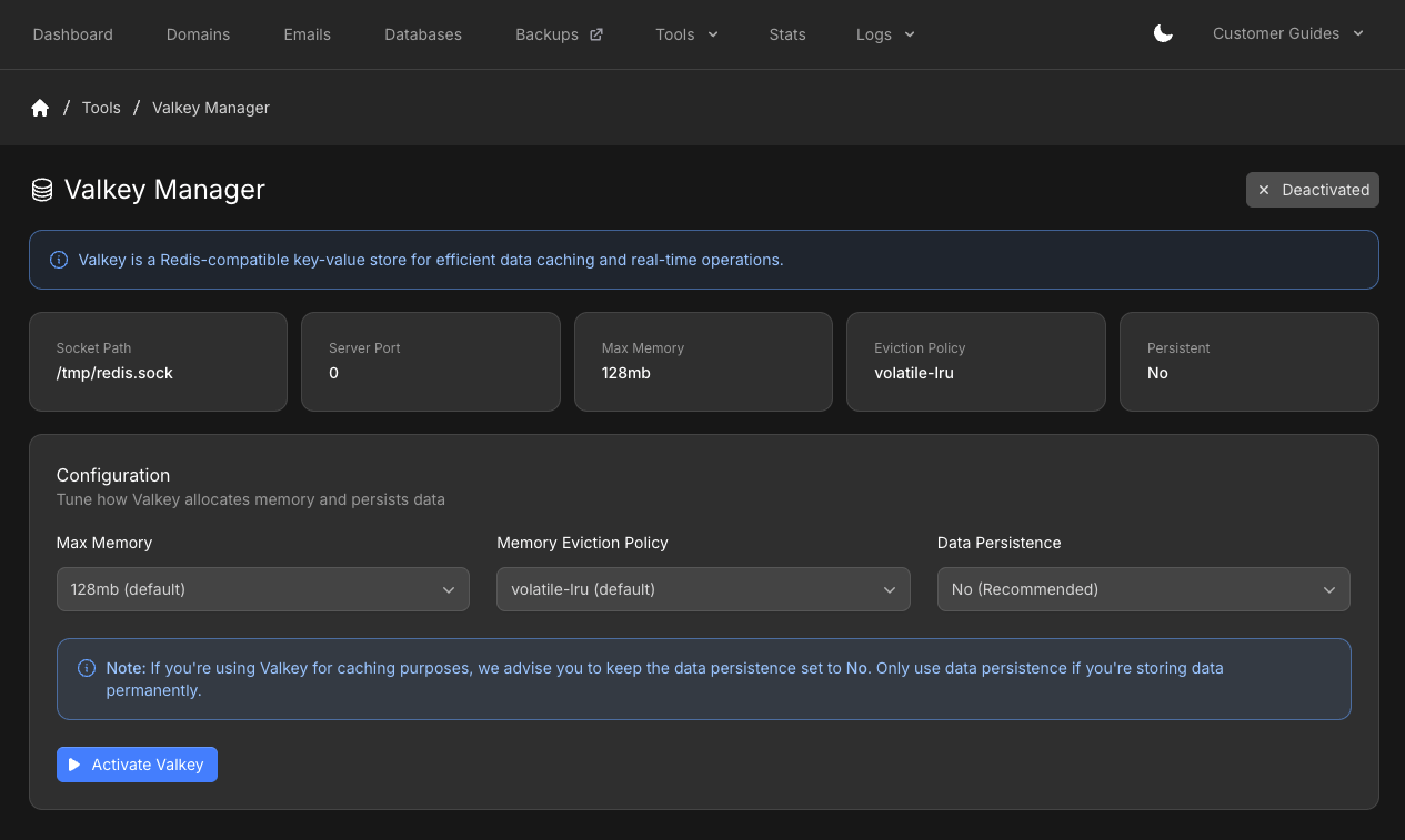 Valkey Manager deactivated with socket path, max memory, eviction policy, persistence, and Activate Valkey