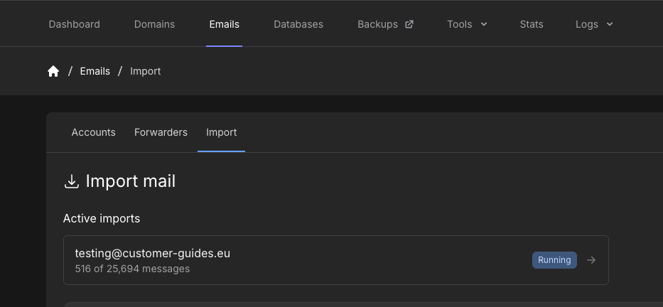 Import tab Active imports list with a running import and message progress