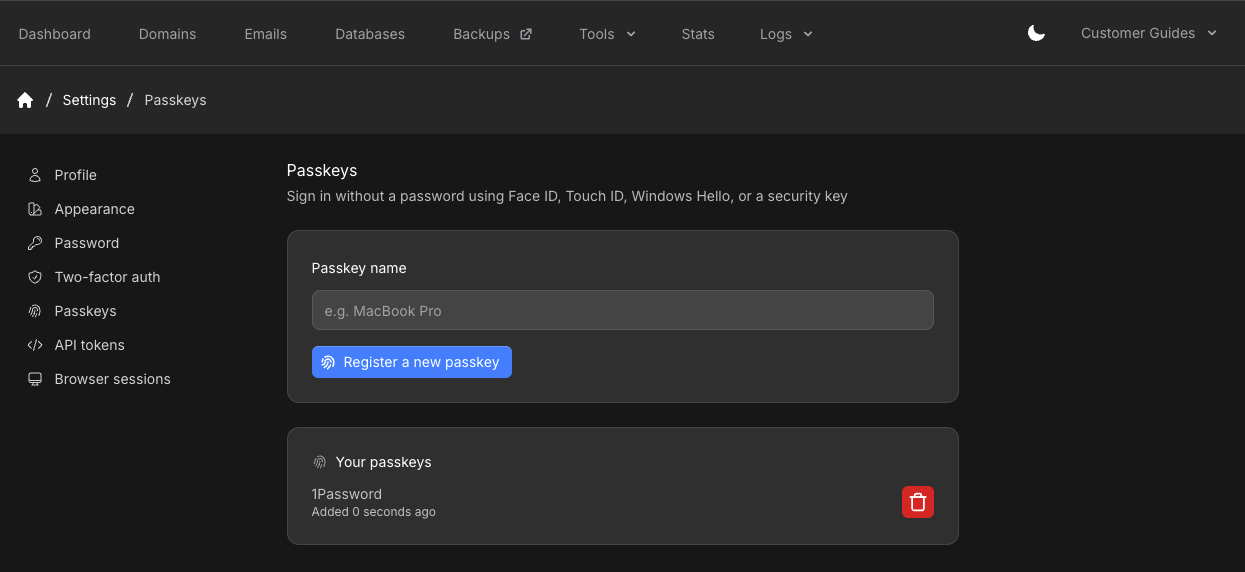 Passkeys page with Passkey name, Register a new passkey, and Your passkeys list