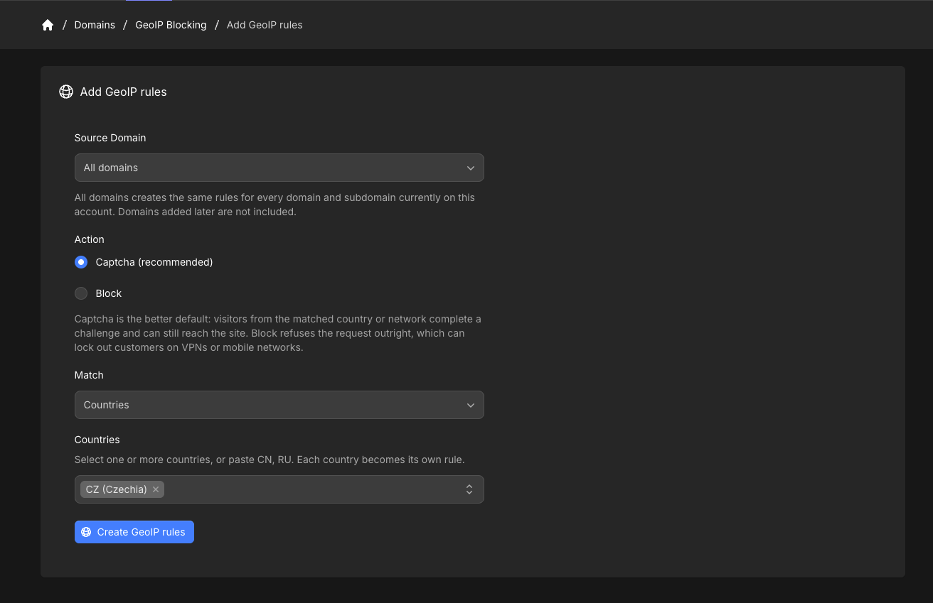 Add GeoIP rules form with All domains, Captcha recommended, and country Czechia selected