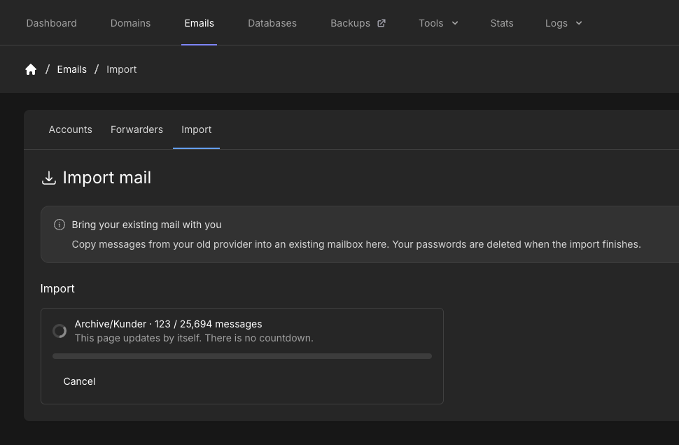 Running import showing current folder and messages copied of the source total