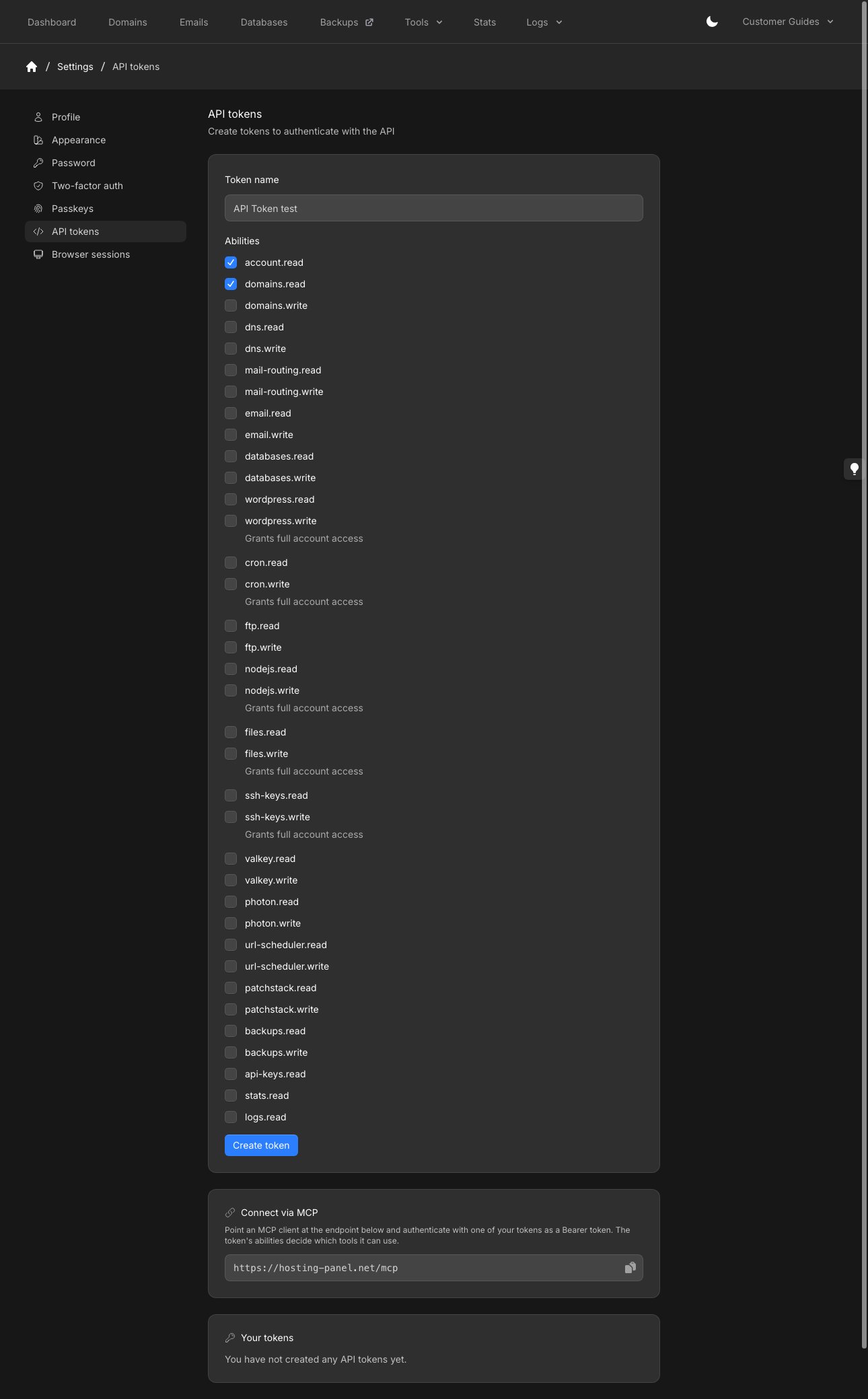 API tokens page with Token name, Abilities checkboxes, Create token, Connect via MCP, and Your tokens
