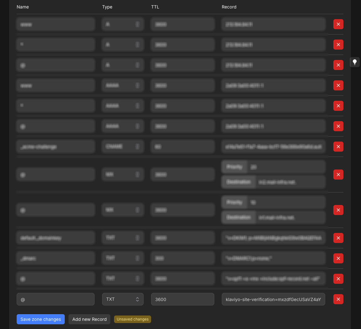 DNS editor with a Klaviyo site verification TXT record