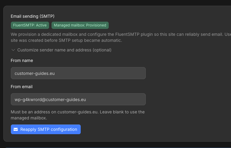 Email sending SMTP section with From name, From email, and Reapply SMTP configuration