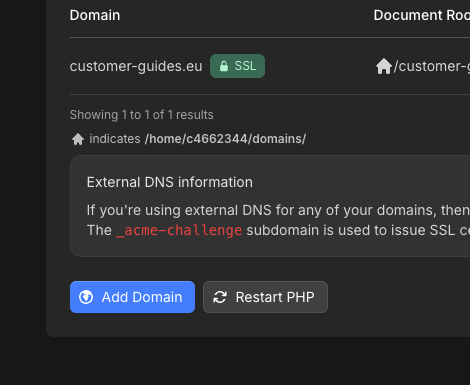 Domains page with Add Domain and Restart PHP buttons