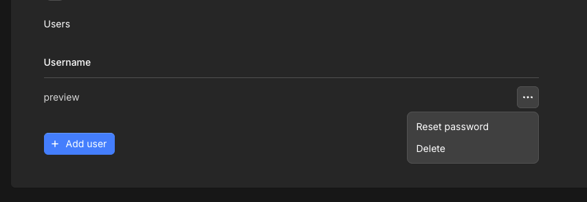 Users row menu with Reset password, Delete, and Add user