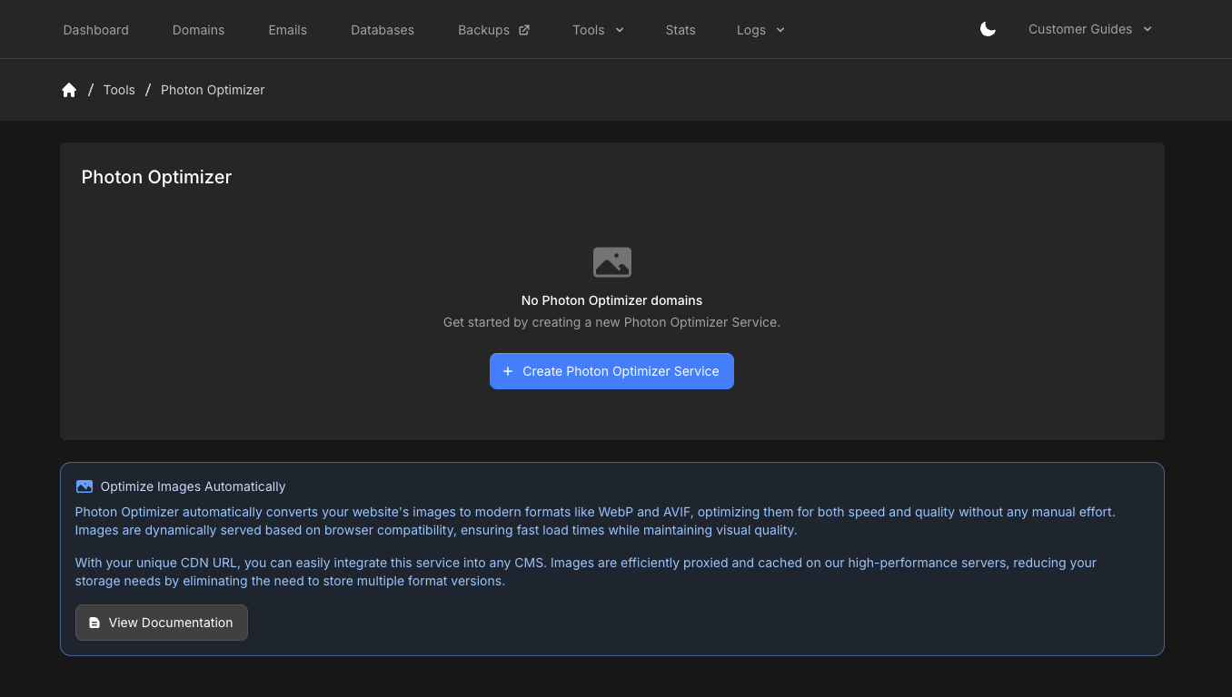 Photon Optimizer overview with no domains added and a Create Photon Optimizer Service button