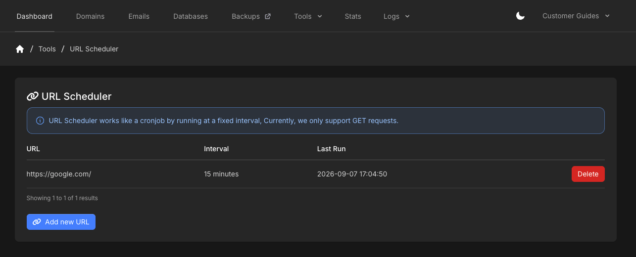 URL Scheduler overview with GET-only note, a 15 minute schedule, Last Run, and Add new URL