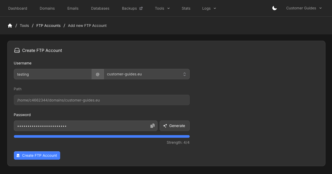 Create FTP Account form with username@domain, path, password generate, and Create FTP Account