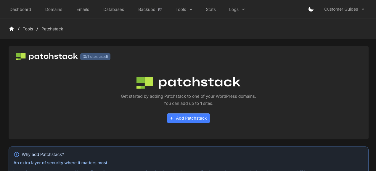 Patchstack after purchase with 0 of 1 sites used and Add Patchstack