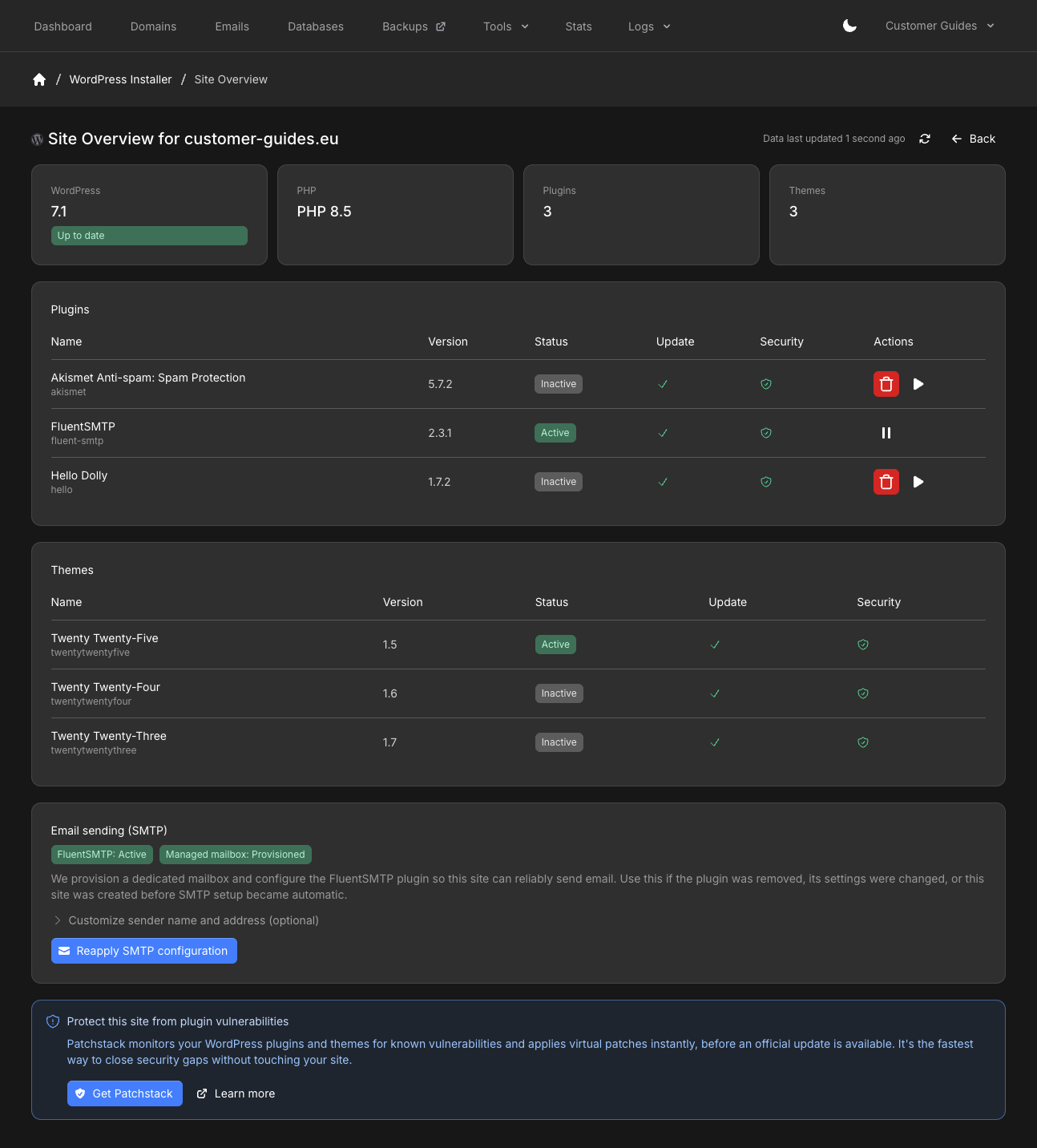 Site Overview with WordPress, PHP, plugins, themes, plugin actions, SMTP, and Patchstack