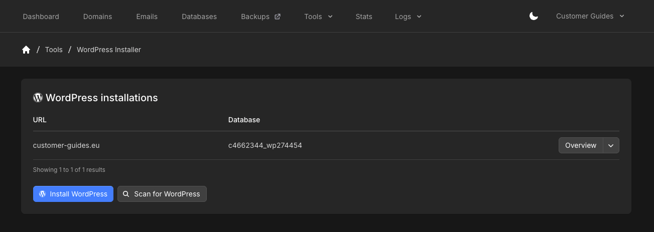 WordPress installations list with Overview, Install WordPress, and Scan for WordPress