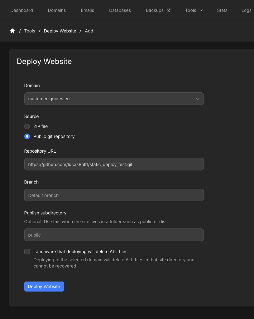 Add Deploy Website form with Public git repository, repository URL, default branch, and wipe confirmation