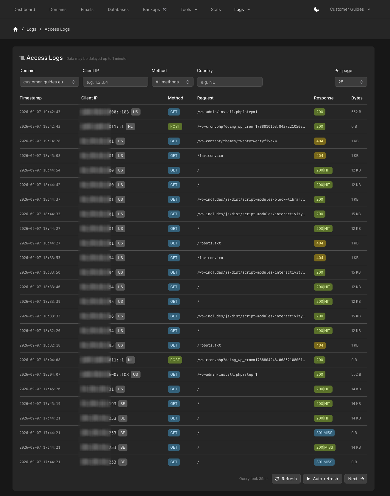 Access Logs with domain, client IP, method, and country filters and a results table