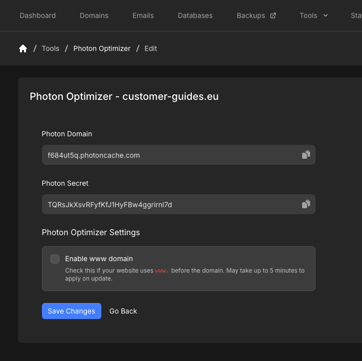 Edit Photon Optimizer page with Photon Domain, Photon Secret, and Enable www domain